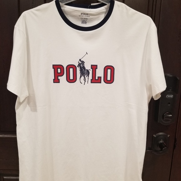 NEW Polo Ralph Lauren T Shirt Navy With Big Polo Lettering in Red /& White